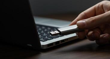 mano insertando USB destello conducir dentro ordenador portátil Puerto para datos transferir foto