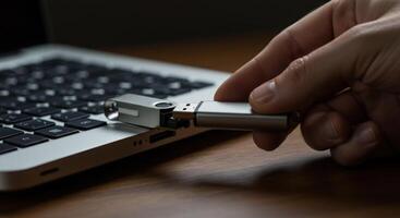 conectando USB conducir a ordenador portátil para datos transferir y almacenamiento foto