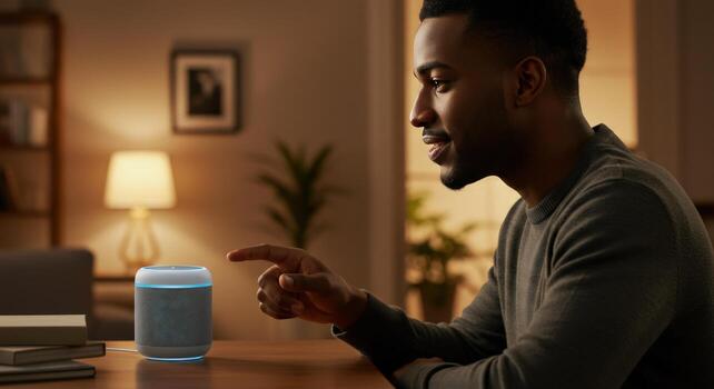Man interacts with smart speaker in home setting photo