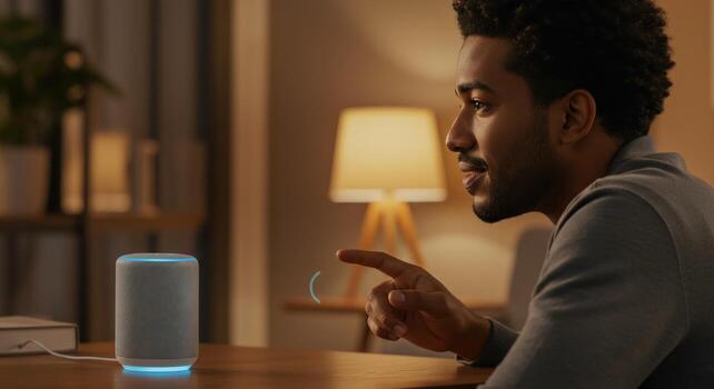 Man interact with smart home device technology communication photo