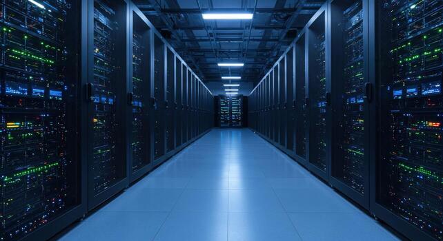 Server room data center with rows of operating rack cabinets photo