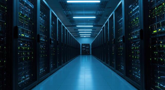 Server room data center with blue lighting for computer network photo