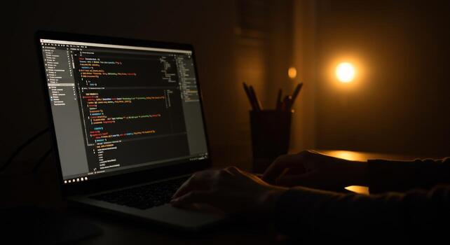 persona codificación en ordenador portátil computadora oscuro espacio de trabajo foto