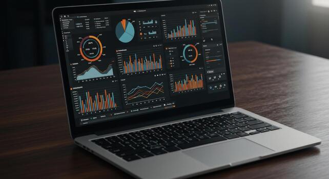 Laptop displaying data analytics and financial graphs for business intelligence photo