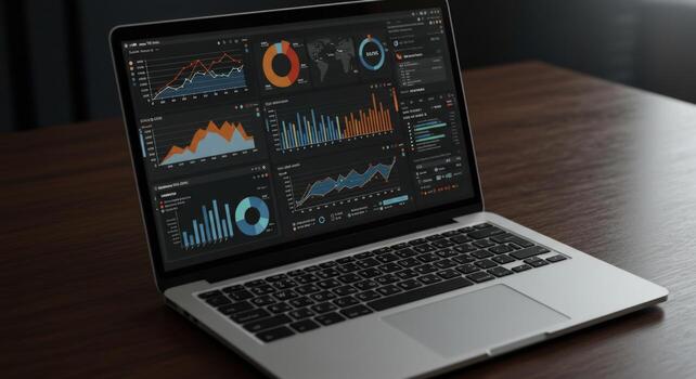 Laptop computer displaying business data analytics and financial graphs photo