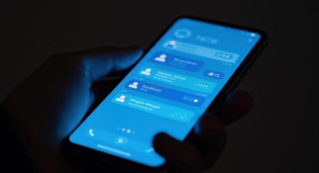 Person using a smartphone with chat interface application in dark photo