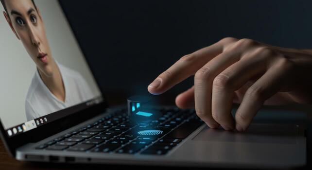 Biometric authentication on laptop with person in call for secure access photo