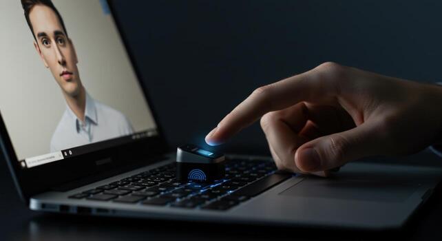 Fingerprint scan on laptop for secure access control and identity verification photo