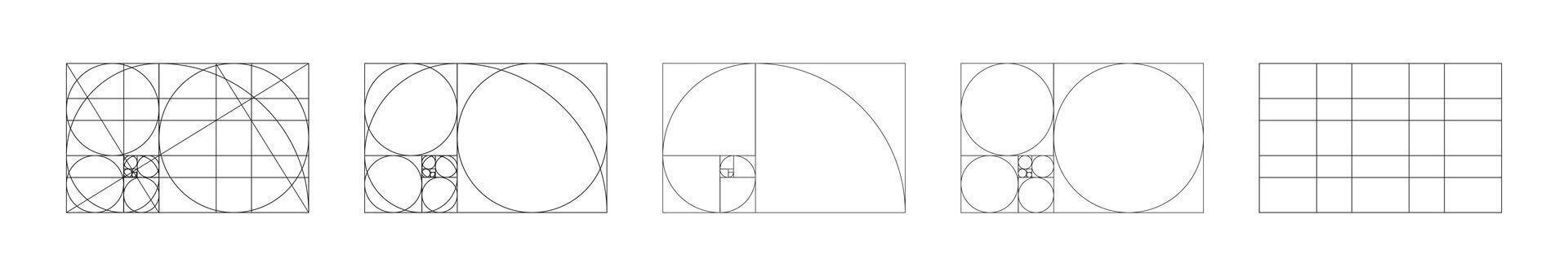 Big set of Golden ratio templates. Method golden section black samples. Fibonacci array, numbers forms. Harmony proportions frames collection. Outline graphic thin illustration. vector