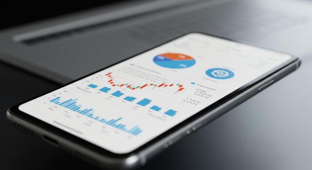 Mobile device displaying financial data chart on screen with laptop computer photo