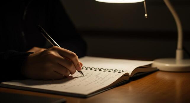 Writing in a notebook with desk lamp in low light photo