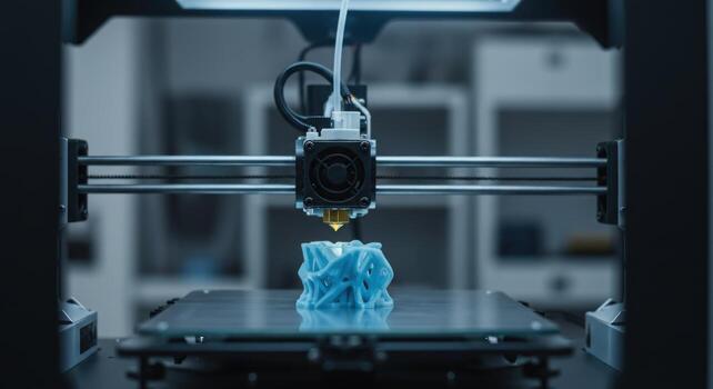 3 d printing device constructing blue object photo