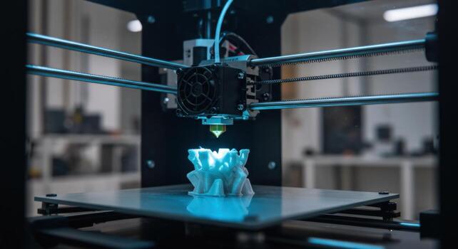 Three dimensional printing machine creating plastic object with blue illumination photo