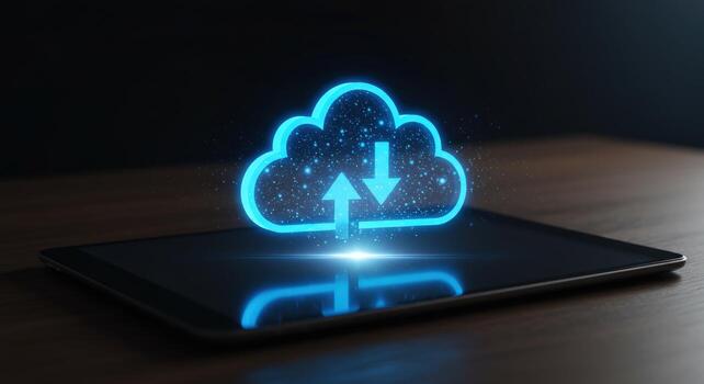 Cloud computing technology on tablet device for data transfer photo