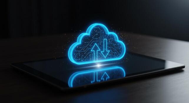 Cloud computing concept on digital tablet for data transfer and technology solutions photo