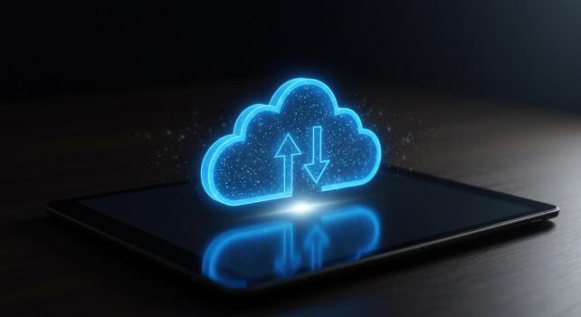 Cloud computing and data transfer on tablet device photo