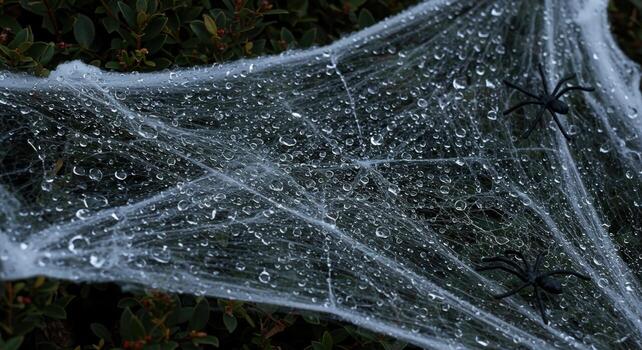 Spider web with water droplets and toy spiders on bush photo