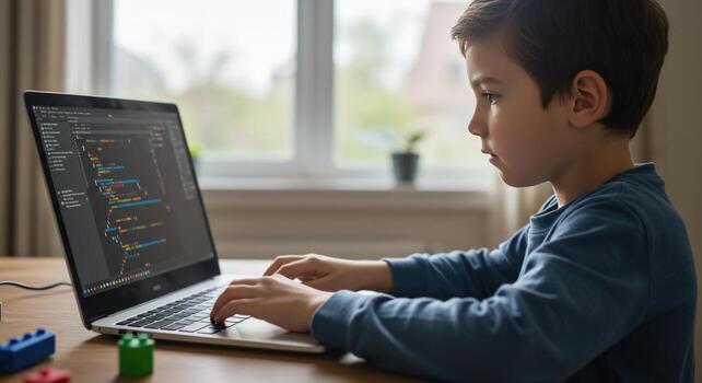 niño aprendizaje computadora programación a hogar en ordenador portátil foto
