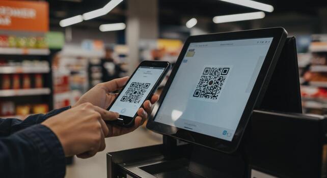 Mobile payment with qr code at checkout terminal photo