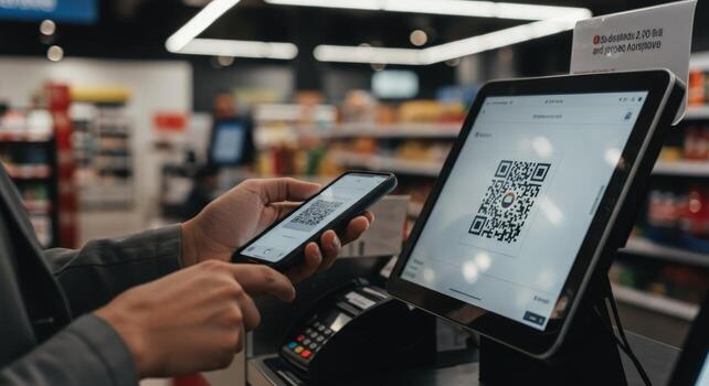Contactless payment with qr code on mobile phone and tablet at checkout photo