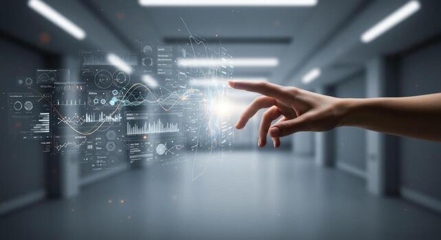 Digital interface technology hand interacting with virtual data photo