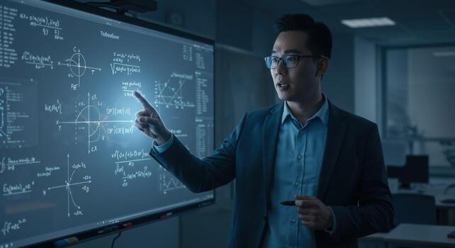 Man presenting complex mathematical formulas on interactive display photo