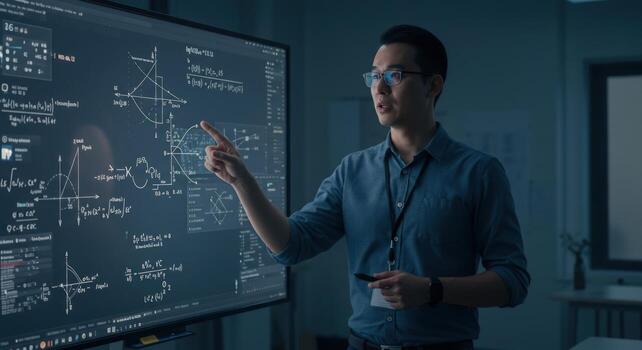 Analyst presenting data on digital screen displaying graphs and equations photo