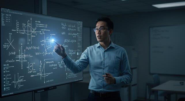Man presenting mathematical equation on interactive display screen in classroom photo