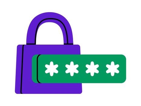 Hand drawn cute illustration of password with four stars and lock. Flat encrypted code sticker doodle. Access to account icon. Privacy protection. Verification procedure. Isolated. vector