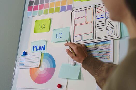 UX UI Planning Session. Designer outlining wireframes and color schemes on a board. photo