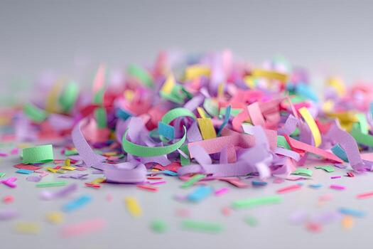 Colorful confetti scattered on a light gray surface photo