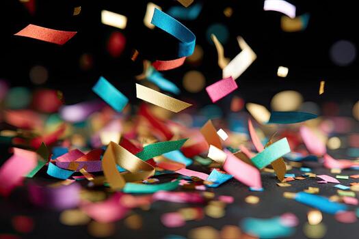Colorful confetti falling on dark background photo