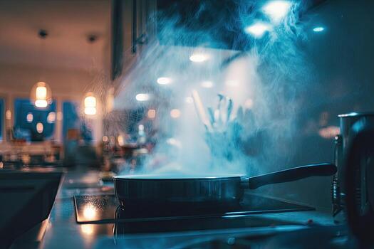 A pan is on a stove with smoke coming out of it photo
