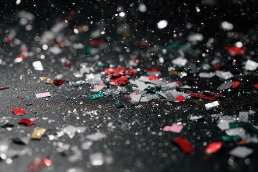 Festive confetti scattered on a dark surface photo
