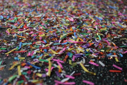 Colorful confetti scattered on a dark surface photo