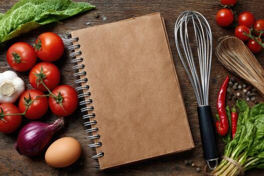 Fresh ingredients surrounding a blank recipe book photo