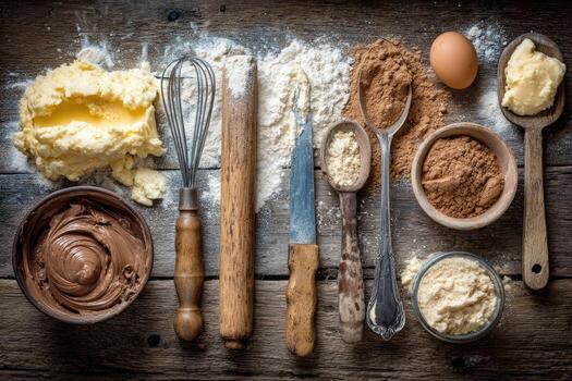 Baking ingredients and tools arranged on rustic wooden surface photo