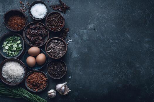 Assorted culinary ingredients arranged on a dark surface photo