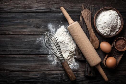 Baking essentials on a rustic wooden table photo