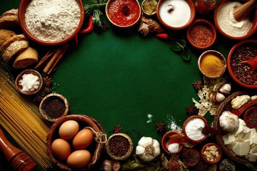 Culinary ingredients arranged in a frame photo