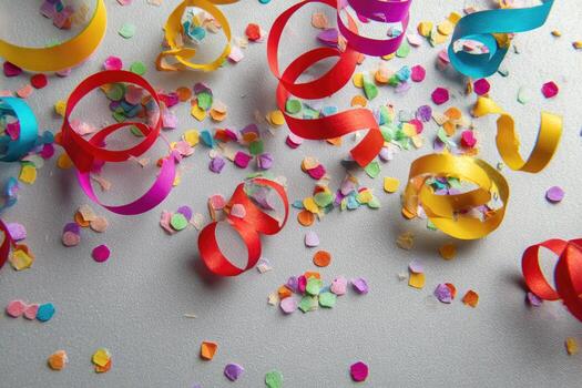 Festive confetti and streamers scattered on a light gray surface. Vibrant colors create a celebratory atmosphere photo