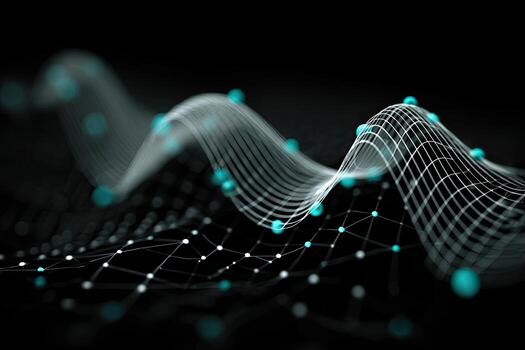 Abstract data visualization. Complex network of interconnected points and lines forming wave patterns photo