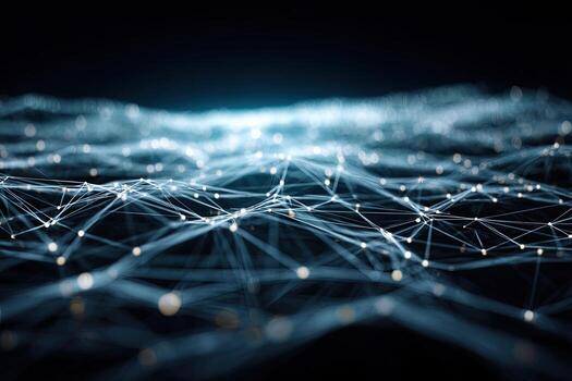 Abstract digital network landscape. A complex web of interconnected nodes and lines, creating a sense of data flow and connectivity. Soft light illuminates the structure from below photo