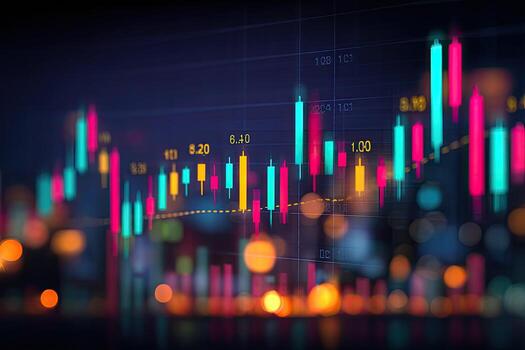 Financial market data visualization with city lights bokeh photo