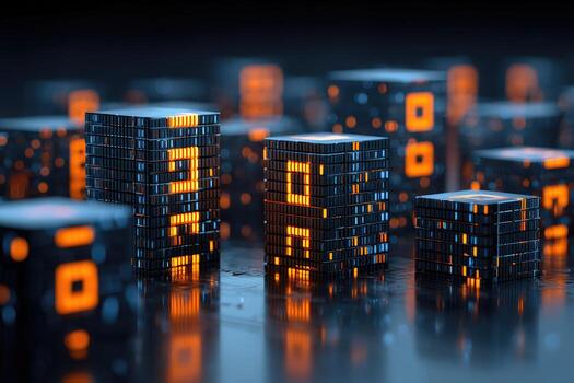 Abstract digital cubes illuminated by vibrant orange light photo