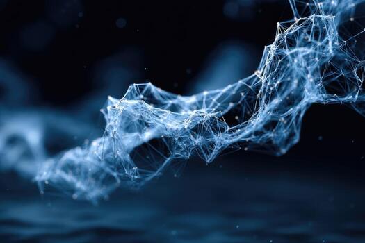 resumen red de interconectado partículas fluido en un oscuro espacio. complejo sistema de líneas y puntos foto