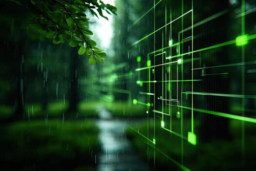 Nature's digital interface. Green rain forest pathway overlaid with a glowing circuit board photo