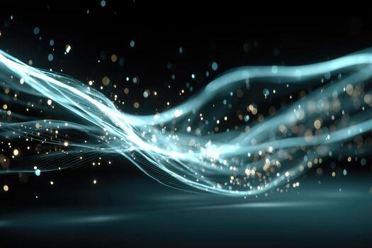Abstract teal light trails with golden particles photo