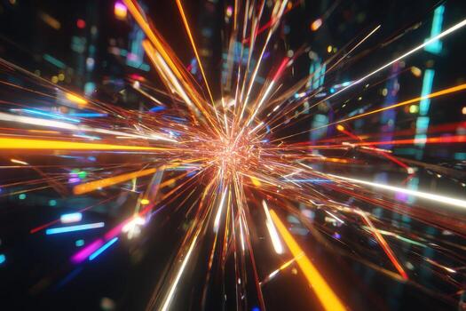 Dynamic, vibrant, explosive light rays converge on a central point photo