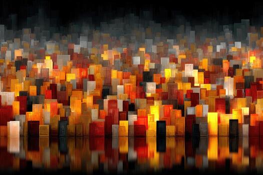 A city of glowing blocks, reflecting in water photo